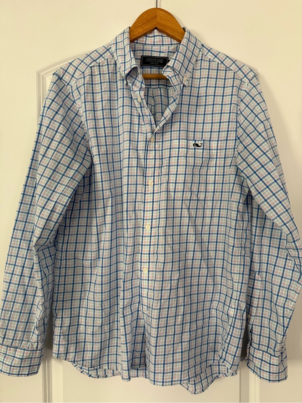 Vineyard Vines White Shirt with Blue & Light Blue Plaid